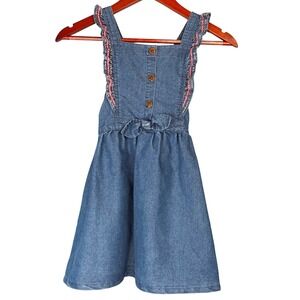 Nanette‎ Lepore Girls Denim Jumper Dress Size 6 Embroidered Ruffle Button Front